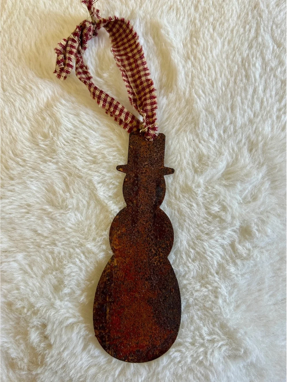 Rustic Metal Snowman Ornament with Checkered Fabric Loop